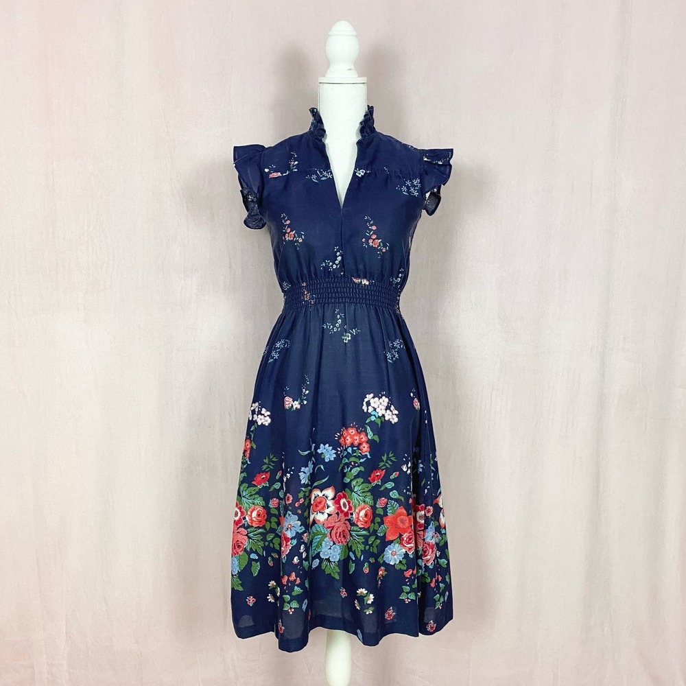Vintage Handmade Floral Cotton Midi Dress, Size XS
